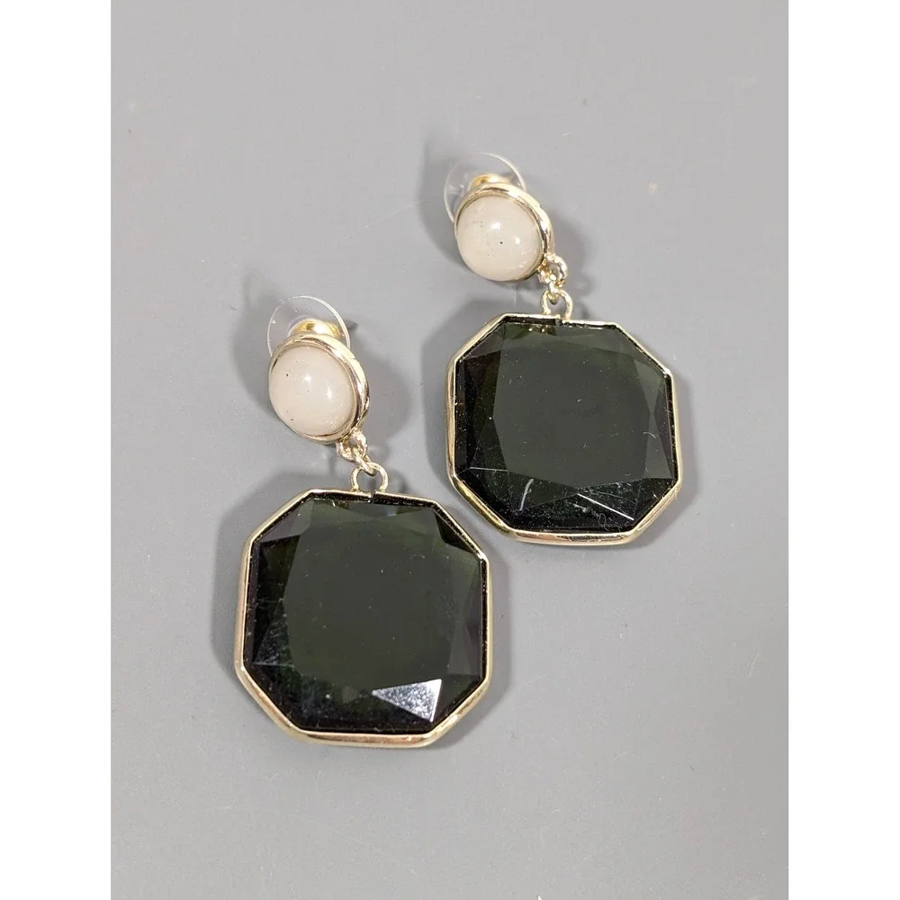 Green‎ Acrylic Bezel Set Drop Earrings Gold Tone Geometric Dangle Pierced